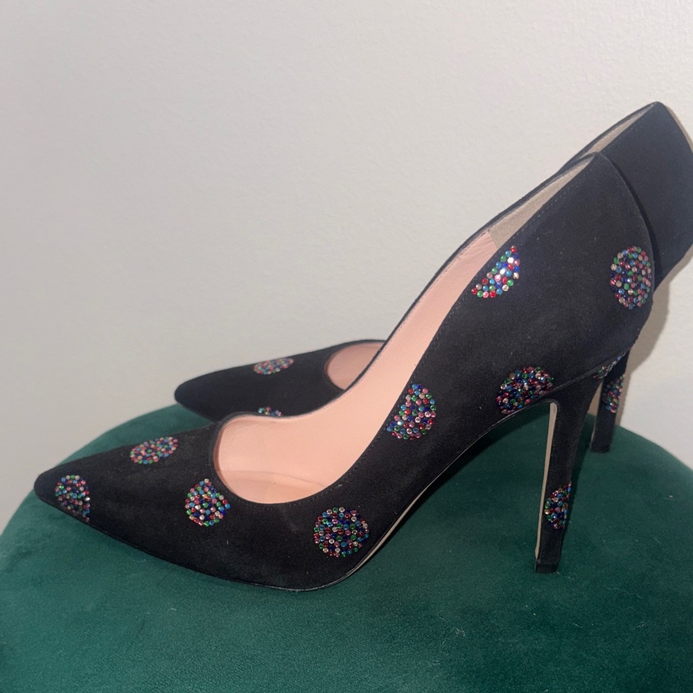 kate spade Black Suede Pointed-Toe Heels with Multicolor Crystal Dots